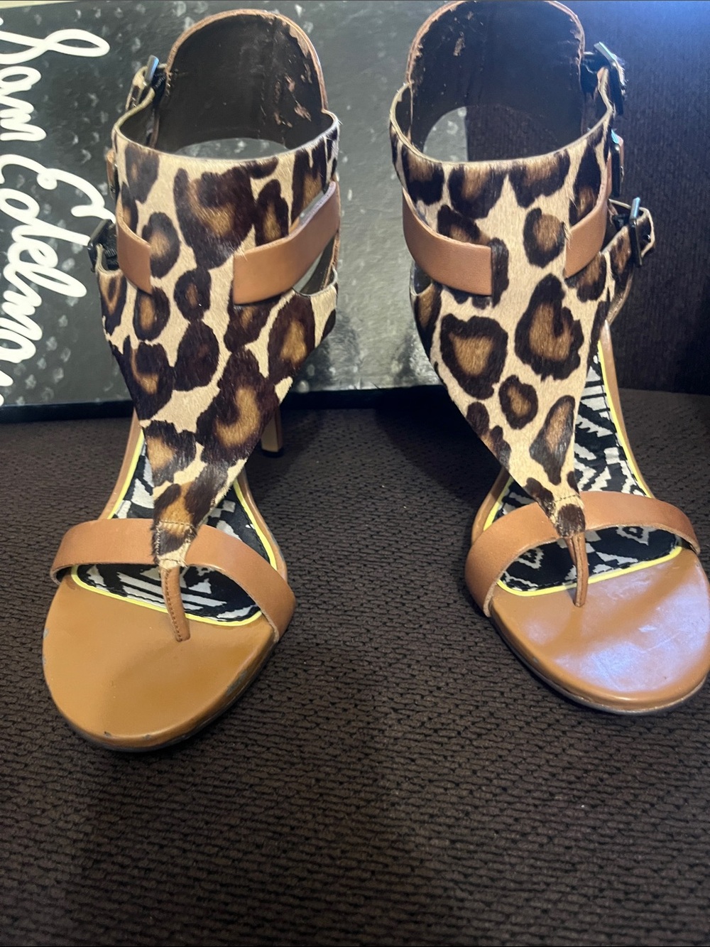 Sam Edelman Leopard Print and Tan Leather T-Strap Heels